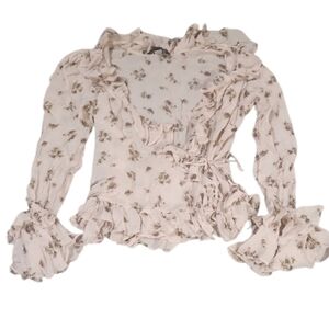 Vintage 100% Silk Med Wrap Around Tie Floral Ruffle Blouse